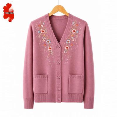 Damen Strick-Cardigan Pullover mit V-Ausschnitt und Blumenstickerei