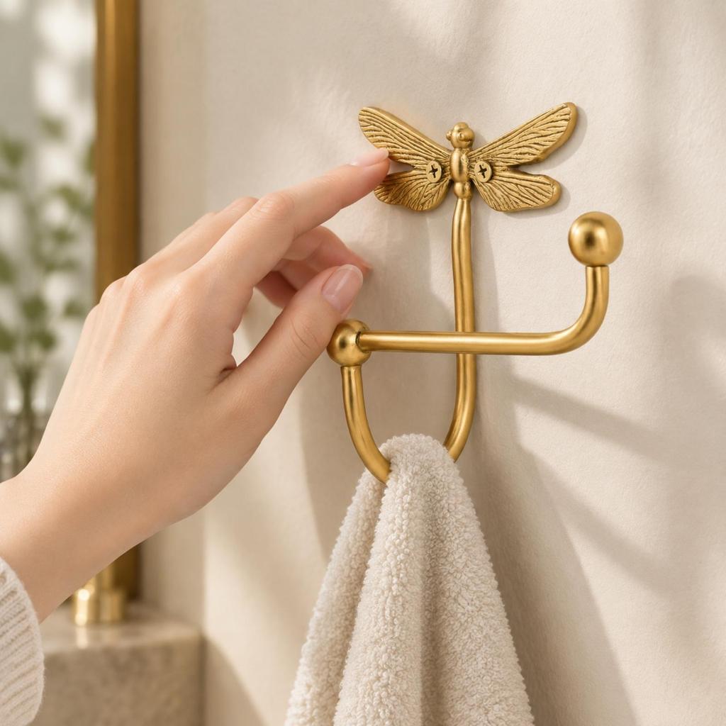 Brass Bathroom Holder with Dragonfly Motif Space-Saving Robe Hook for Guest Bath
