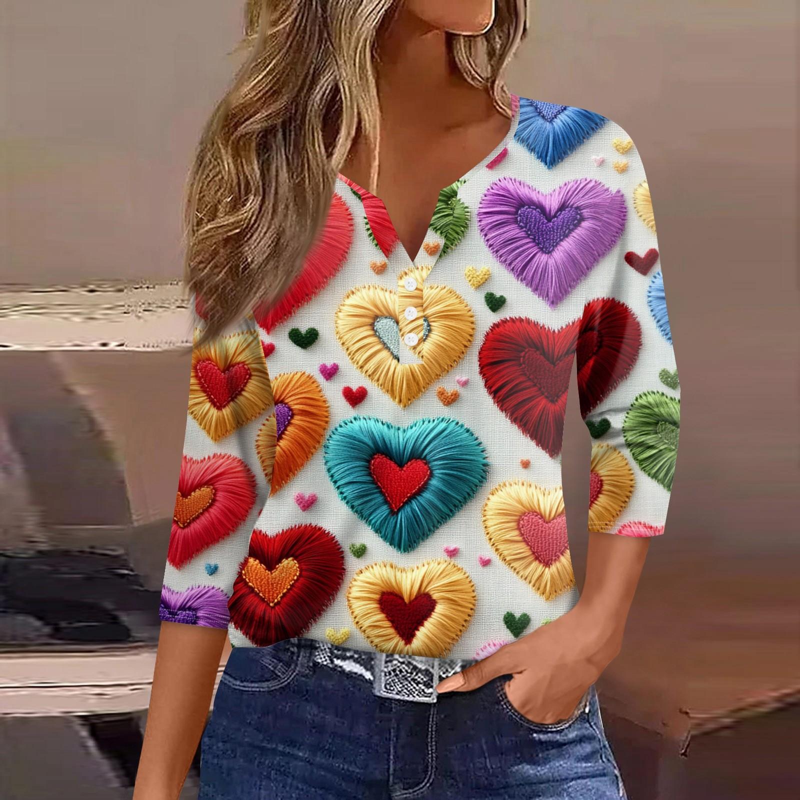 

Женская футболка с принтом ко Дню святого Валентина, на пуговицах, рукав 3/4, туника, повседневная мода на выходные, базовый топ с V-образным вырезом XXXL жёлтый