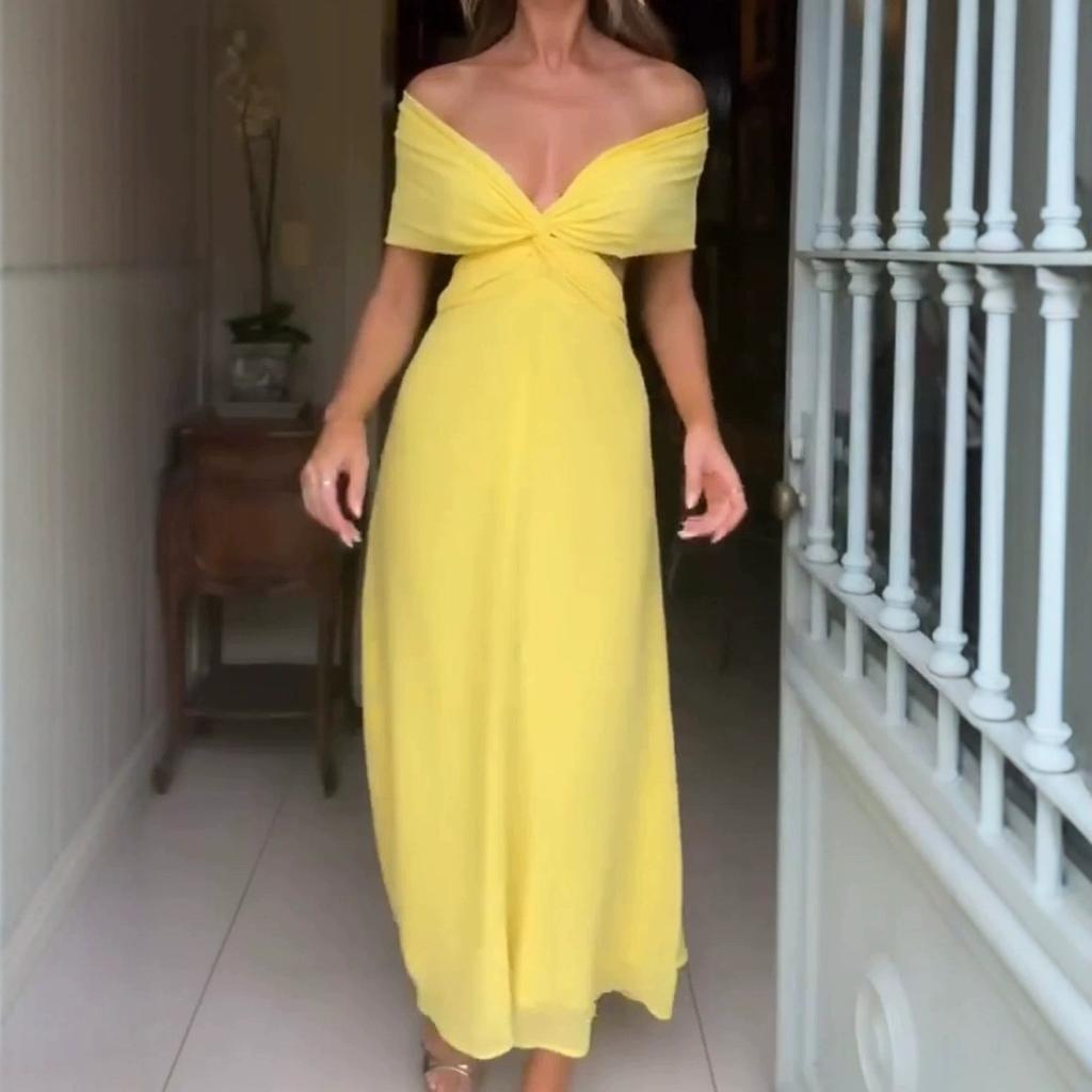 European and American sexy women's clothing new sexy sleeveless bow slim yellow dress
