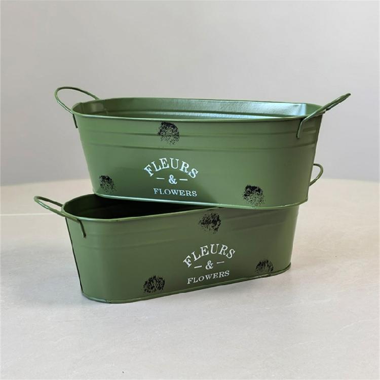 Modern Oval Iron Plant Pot Container With Reinforced Handle Rustproof Suitable For Indoor Outdoor Greeneries Arrangement