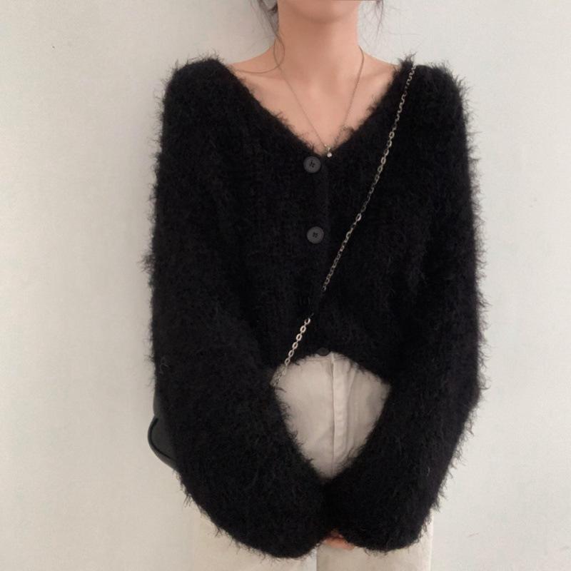 Korejský šik retro svetr kardigan s výstřihem do V z umělé norkové kožešiny - Dámské pletené zboží s dlouhým rukávem a volným střihem