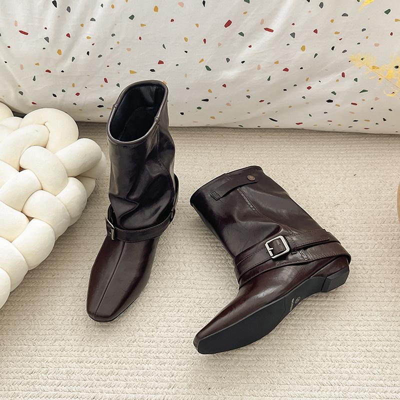 Winter Design Thick Heel Women Mordern Pipe Boots Fashion Belt Buckle Slip On Shoes Ladies Fashion Banquet Party Short Booties