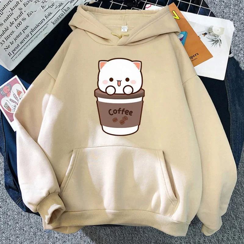 Kawaii Peach and Goma Hoodie Women Harajuku Cute Cat Hoodies Autumn Winter Funny Coffee Graphic Hooded Sweatshirt