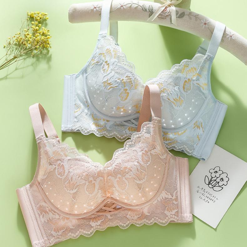 French Style Bra Women's Lace Bra Gathered Without Steel Rings Adjustable Breathable Bra Summer