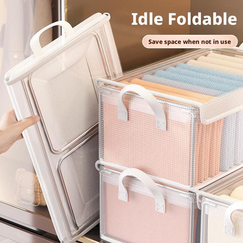 1PCS Storage Box Transparent Foldable Stackable Organizers With Steel Frames And Reinforced Handles For Clothes Books Sundries