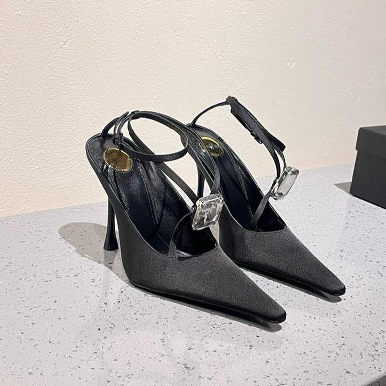 Silk bag head sandals women's thin heels pointed rhinestones sexy straps Roman shoes 2025 summer new temperament high heels
