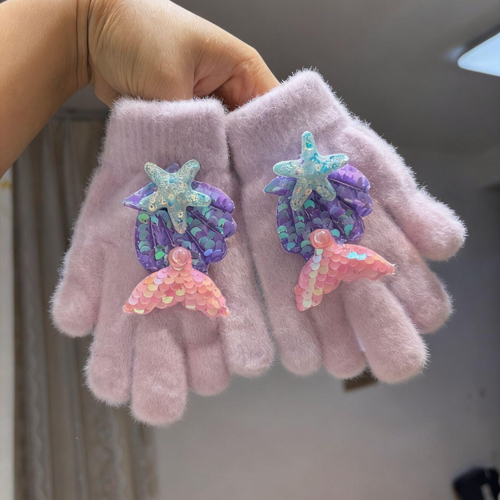 

Children s Mermaid Tail Cute Gloves, Girl Princess Sequined Shell Five-fingered Gloves 12-100 years old