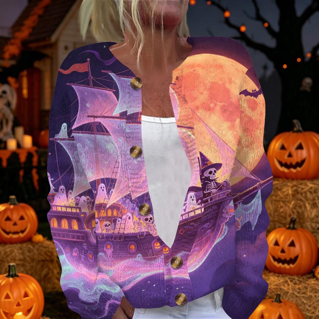 Womens Halloween Print Long Sleeve Knit Cardigan Button Up Sweater Coat Gothic Castle Bat Moon Design Outerwear