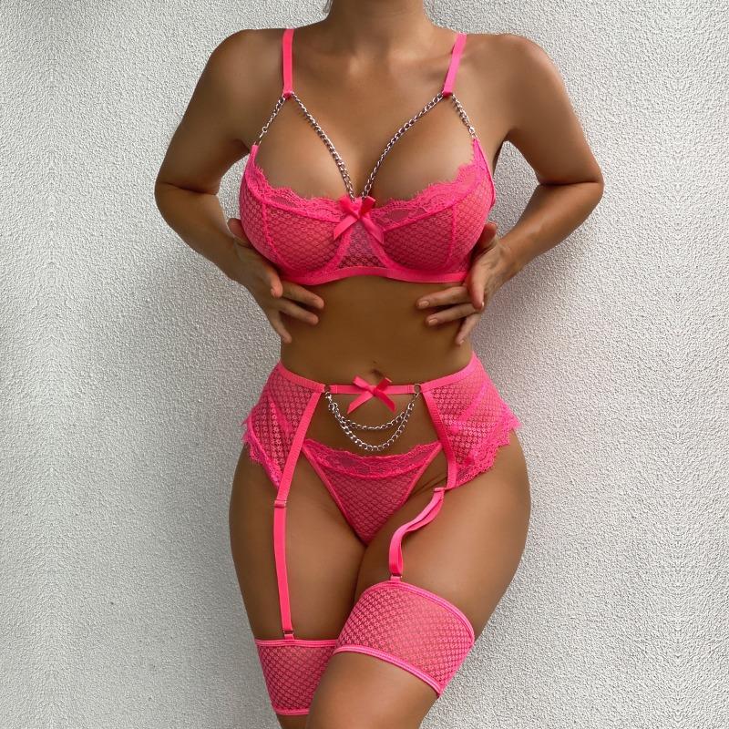 Women Sexy Lace Bra Garter Set With Chain Bow