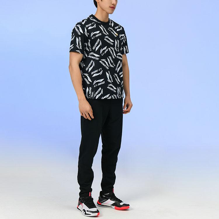Li-Ning Sports Life Full-Print Multi-Color Logo Breathable Round Neck Short Sleeve T-Shirt Men Tops Black AHSR867-5
