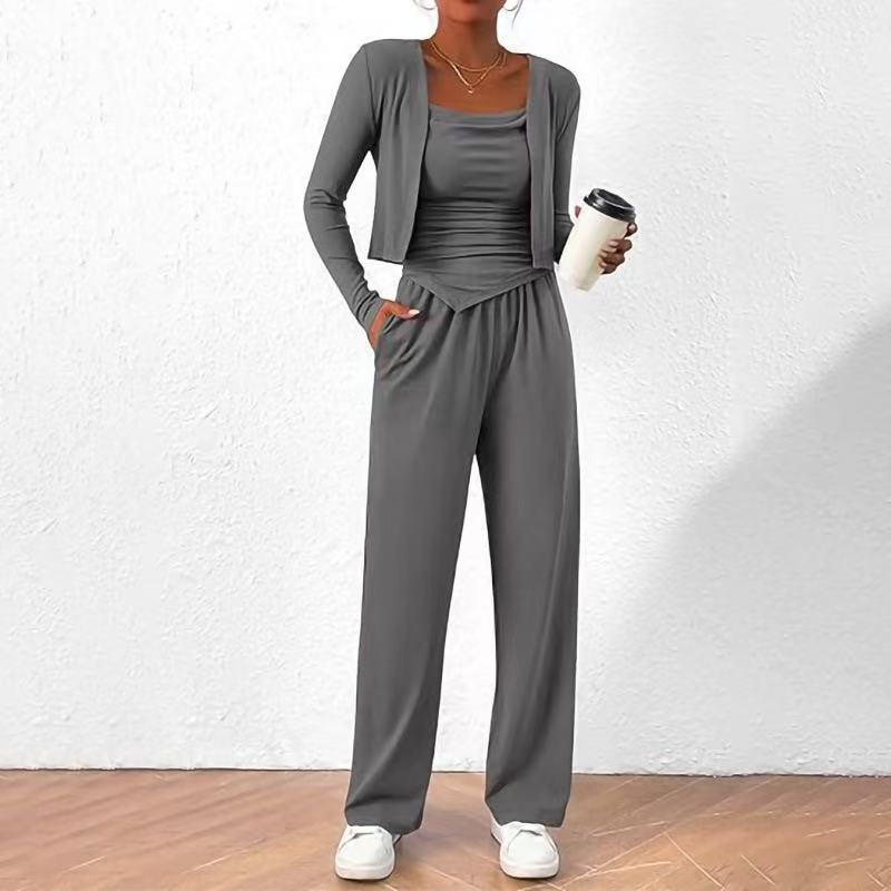 Women S Casual Lazy Design Three Piece Set Coat Strap Pants