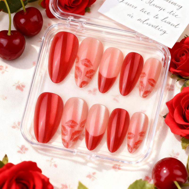 24-Piece Valentine s Day Almond Cat Eye French Manicure Tips - Sweet Lips Design
