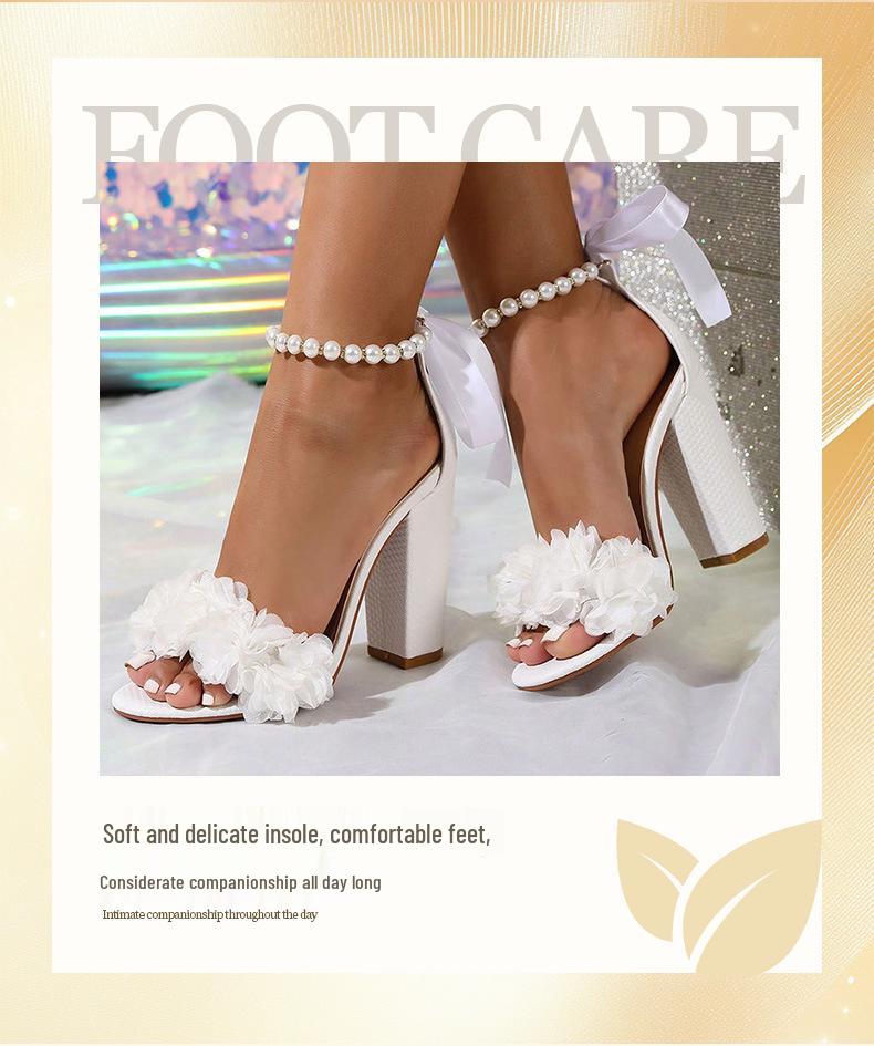 Women's Open Toe High Heel Sandals with Ribbon Pearl Chain - Plus Size Evening Summer Shoes