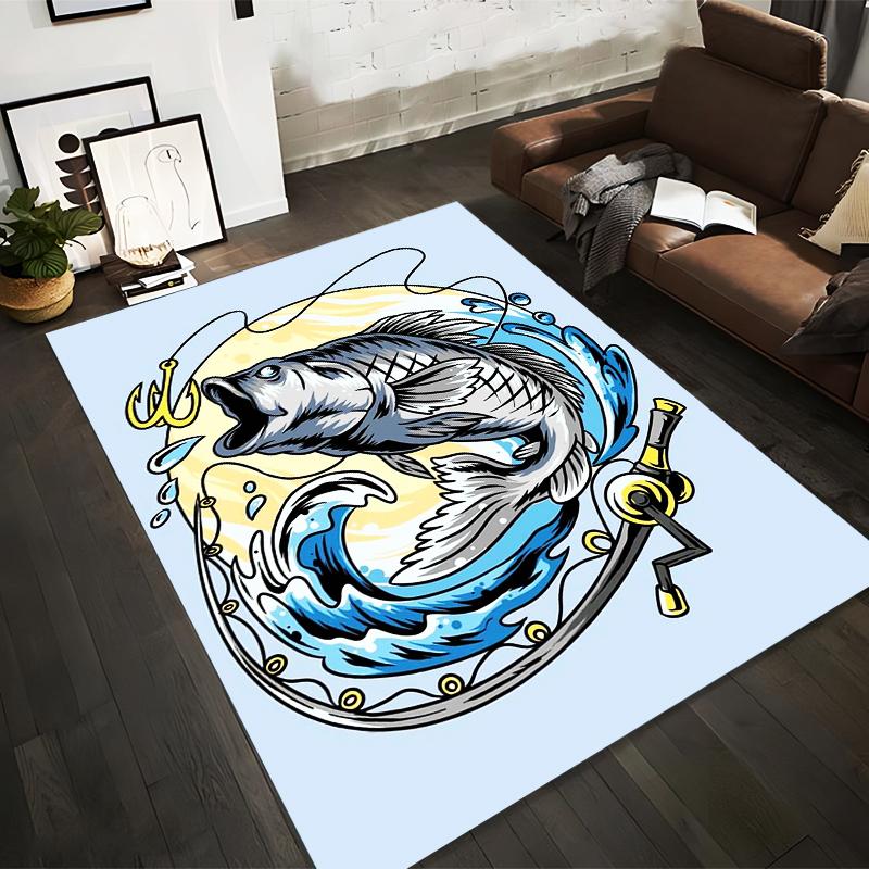 

Fishing-Themed Carpet with Jumping Fish, Hook, Waves, and Reel Design Suitable for use as an anti-slip for living room bedroom sofas 40x60cm( 15x23in )