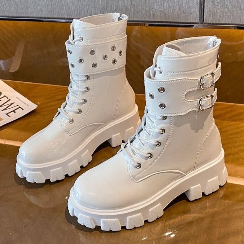 Fashion Platform Lace-up Female Short Shoes Spring Autumn Leather Round Toe Women's Ankle Boots On Offer Trend 2025 New Rock Pu Booties
