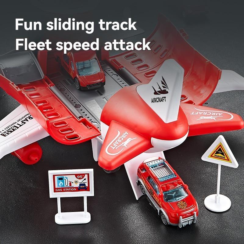1 Set Christmas Gift Children'S Airplane Car Toy Inertial Airplane Model With 6 Road Signs Random 3 Cars And 1 Helicopter