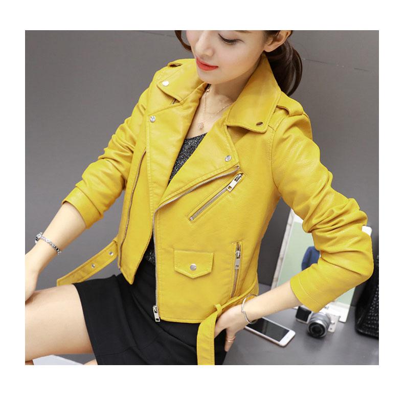 Solid with Belt Zipper Biker Coat Spring Autumn Women Faux Leather Jacket Ladies Casual Outwear Plus Size