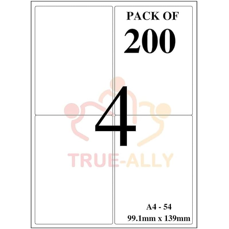 True-Ally Easy Ship Sticky Paper A4 Size Pack Of 400 Labels (100 Sheets) Print Order Shipping Address Pre-Cut Labels Inv