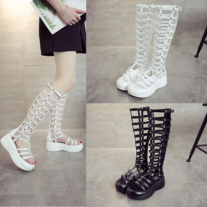 Fashion Summer New Chunky Sandal Boots for Women Luxury Genuine Open Toe Knee-high Pumps Gladistor Roman Style Ladies Sandalias De Mujer