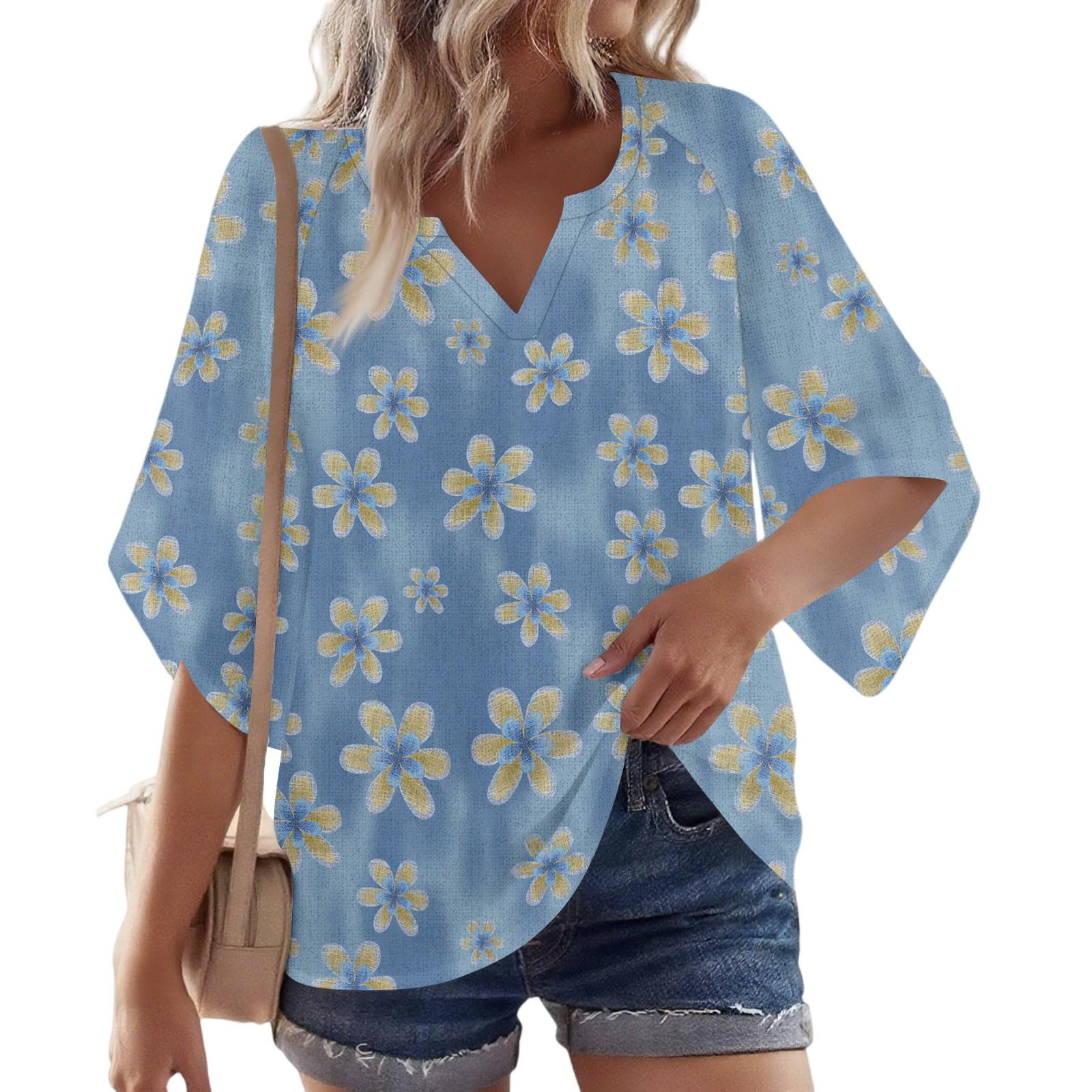 

Women s 3/4 Sleeve V Floral Shirt Casual Loose Tunic Top XL