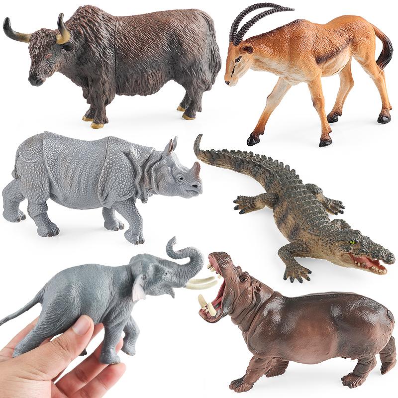 Oenux African Wild Animals Lion Tiger Yak Antelope Crocodile Zebra Black Panther Model Figurines Home Decoration Toy Kids Gift
