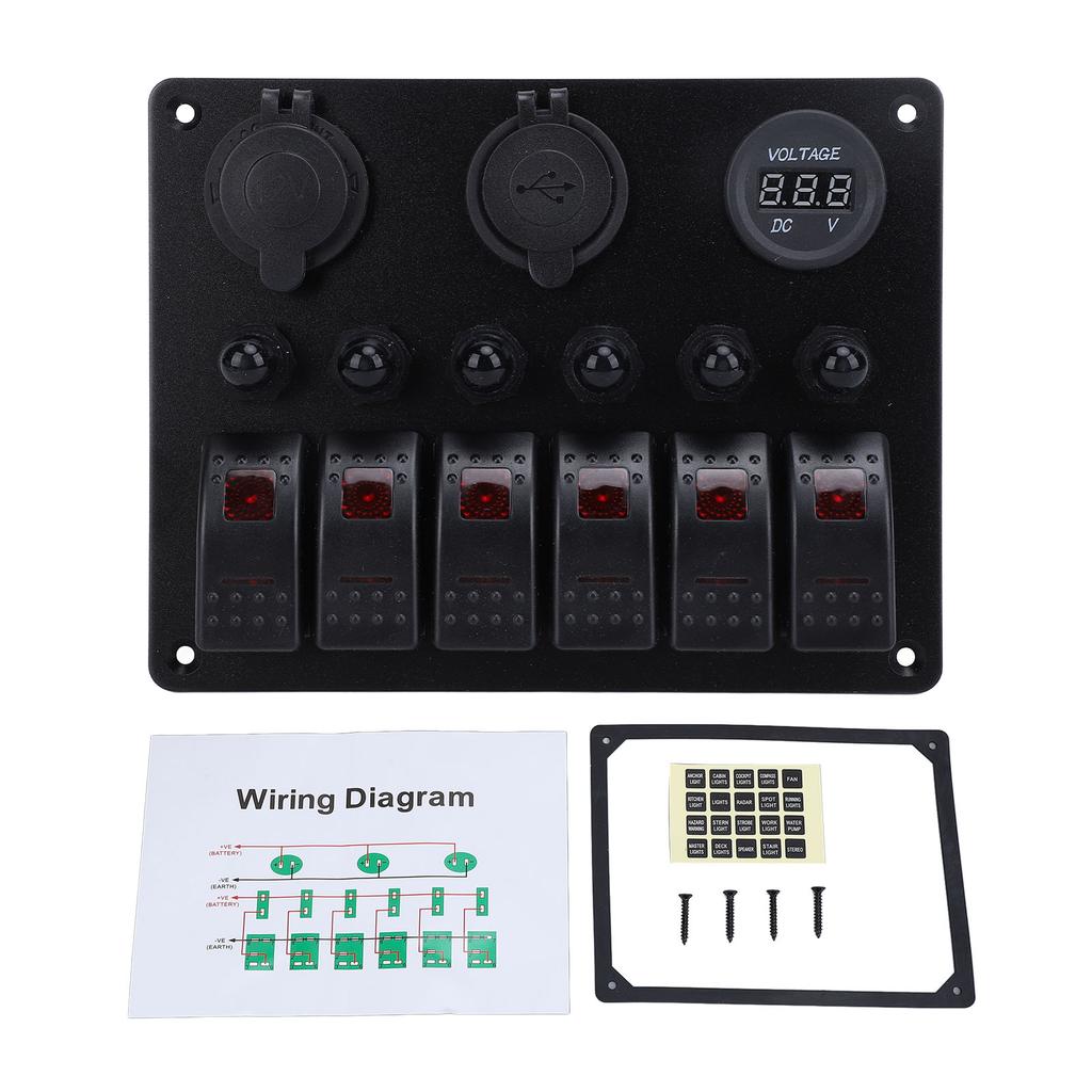 DC 12‑24V 6 Gang Rocker Switch Panel Overload Protection Dual USB Charger with Digital Voltmeter Display for Boats