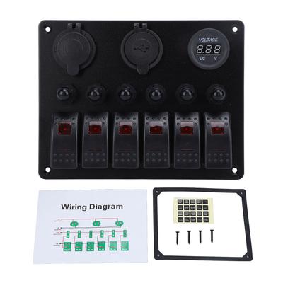 DC 12-24V 6-Gang Schakelaarpaneel met Overbelastingsbeveiliging, Dubbele USB-lader met Digitale Voltmeter Display voor Boten