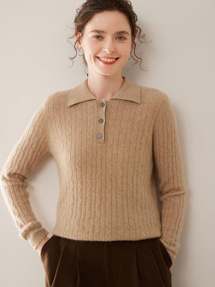 Women's Cashmere Cable Knit Polo Collar Pullover - Long Sleeve, Warm, Fashionable, Versatile Autumn/Winter Base Layer Top.