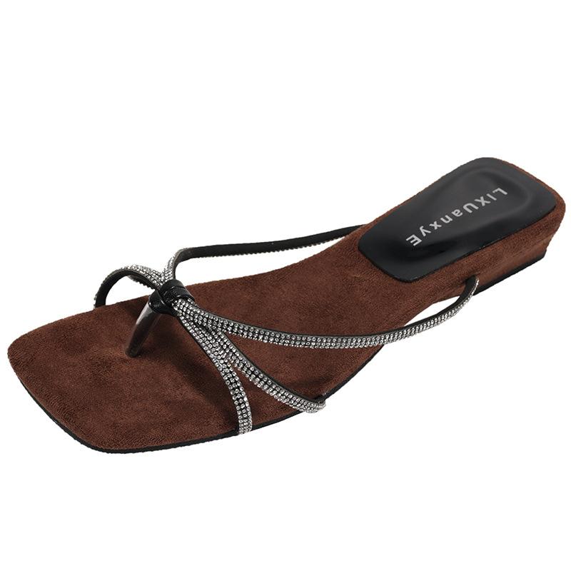 Fashion temperament silver fairy style low heel one-word slippers women's summer wear 2025 new with skirt cool slippers