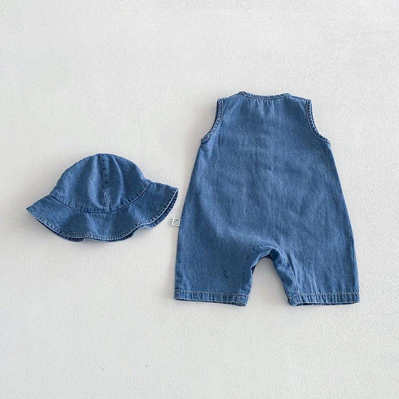 Baby Summer Rompers 3-24M Loose Boys Clothes Thin Toddler One Piece Solid Color Girls Denim Overalls + Hat