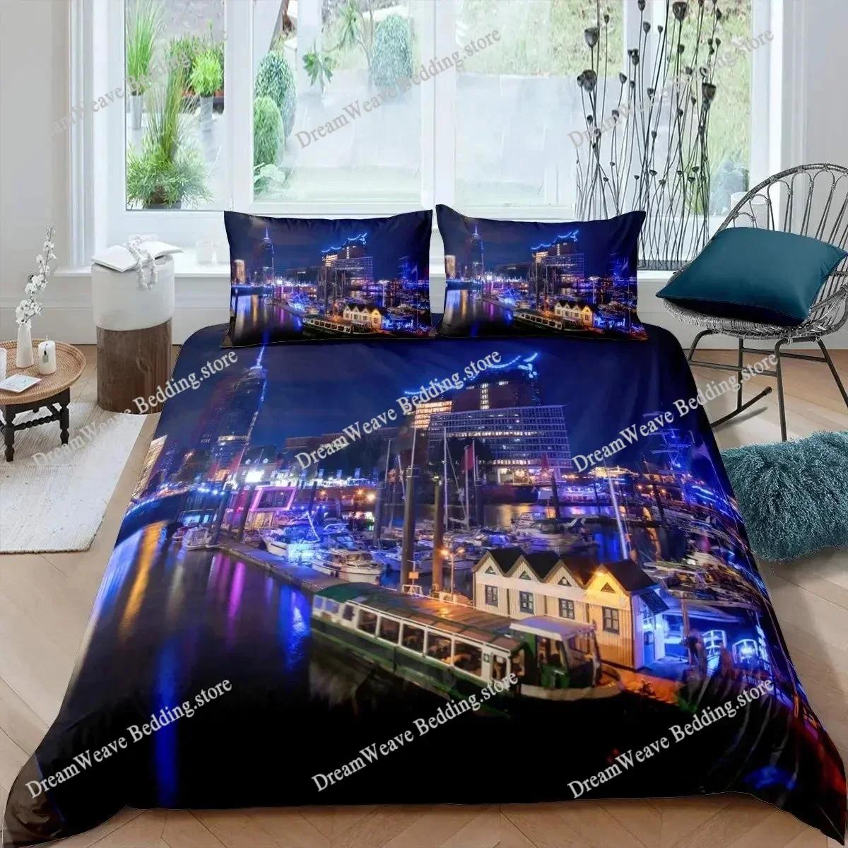 Városkép Paplanhuzat Szett New York Éjszakai Látkép Paplanhuzat Fiúknak Felnőtteknek Mikroszálas Épület Ágynemű Szett Király Méret 70x133cm 2pcs