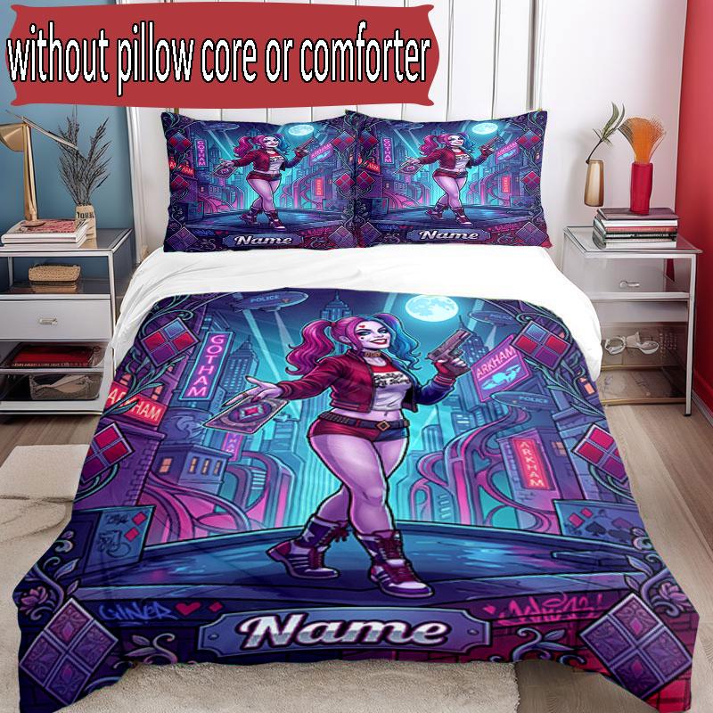 3pcs Duvet Cover Set (1*Duvet Cover + 2*Pillowcase, Without Core), Custom Name Harley Quinn Pattern Bedding Set, Home Bedroom Decor Gift