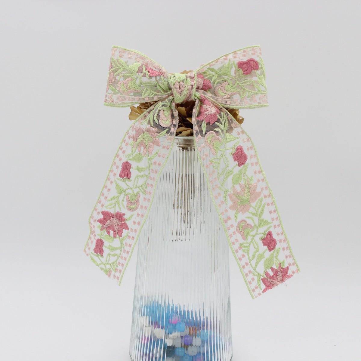 Korean Style Flower Embroidery Bow Hair Clip for Girls - High-end Sweet Princess Side Hair Accessory