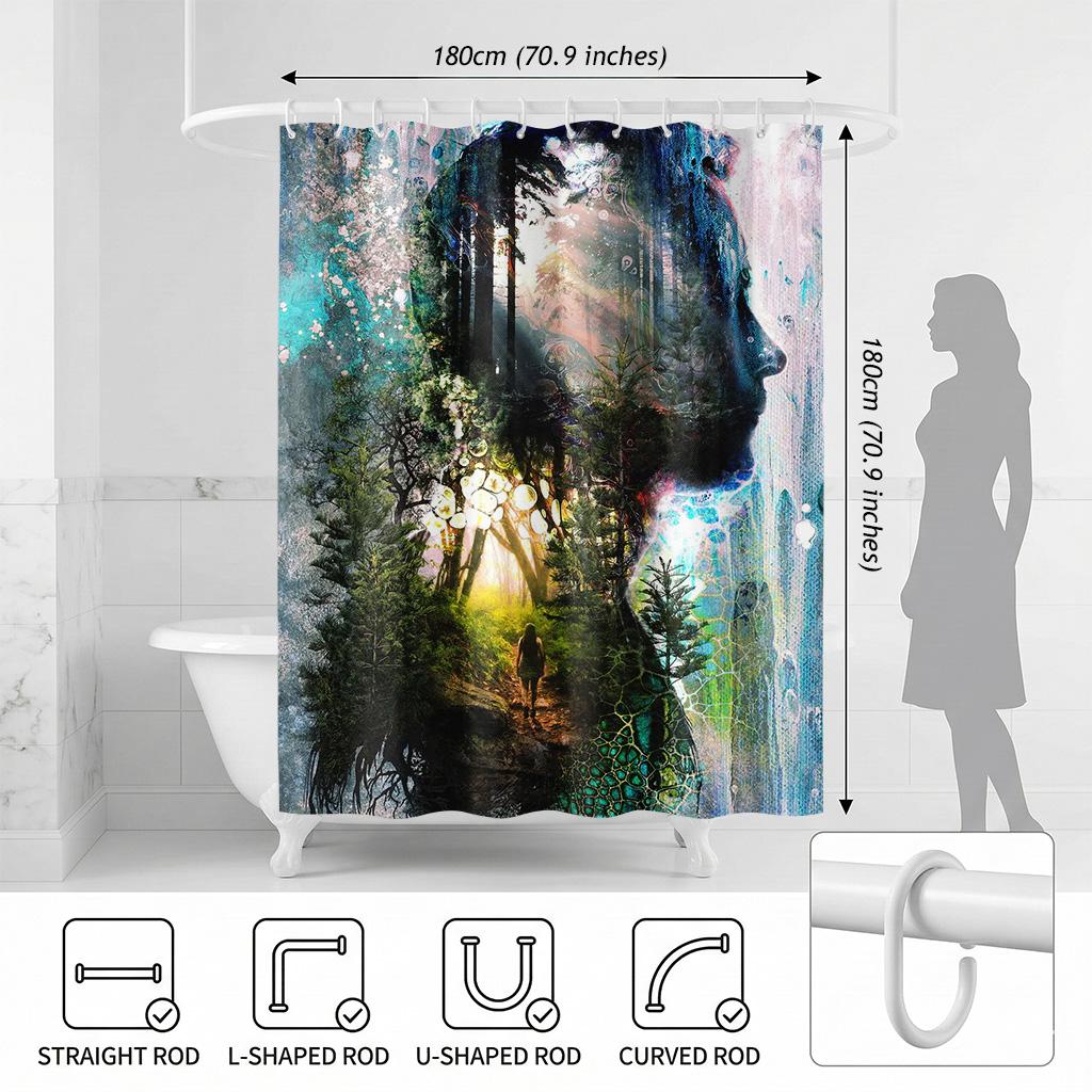 Double Exposure Forest Portrait Shower Curtain - Creative Nature Soul Art Design - Indoor Home Bathroom Decor Art Bath Curtain