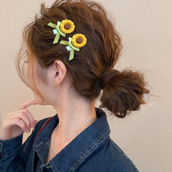 2Pcs Girl Hairpins Versatile Sunflower Decor Hair Clips Wide Soft Ribbon Decoration Side Bangs Hair Pins Hair Accessories