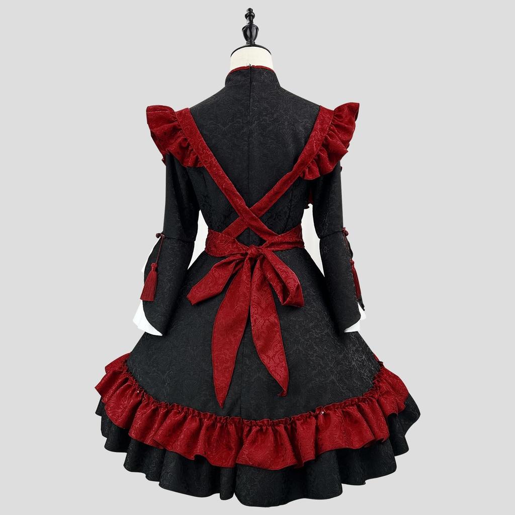 Shangki Maid Outfit, Chinese Lolita Dress, Gothic Lolita Waitress Dress with Ruffles and Headband, Red (Red, Size XL)
