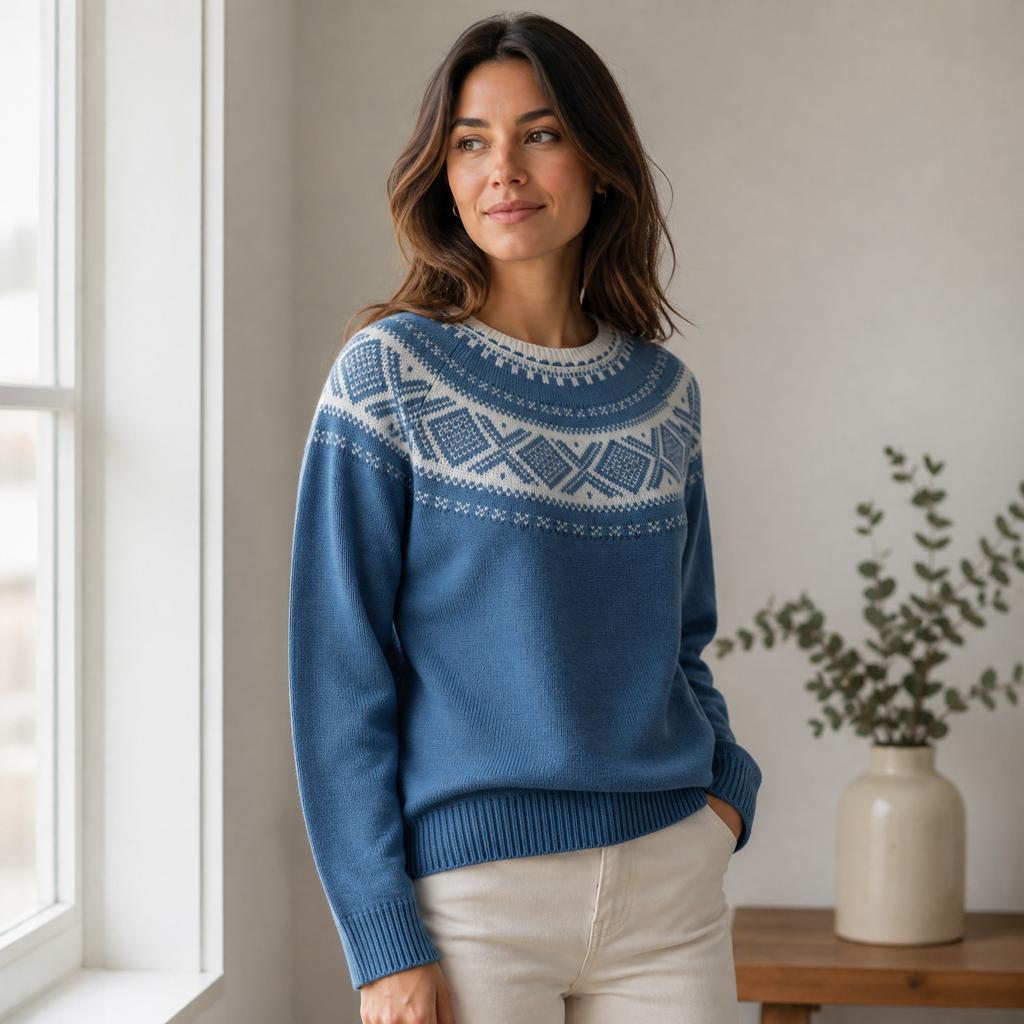 Women S Vintage Fair Isle Knit Sweater Loose Fit Round Neck For Autumn Winter