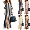 Casual Long Dress with Split Hem Cold Shoulder Design Striped Pattern Relaxed Fit Lightweight Fabric Suitable for Daily Wear