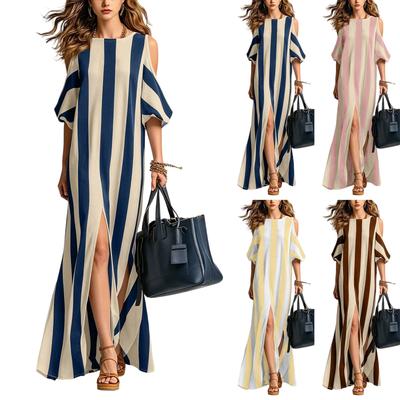 Casual Long Dress with Split Hem Cold Shoulder Design Striped Pattern Relaxed Fit Lightweight Fabric Suitable for Daily Wear