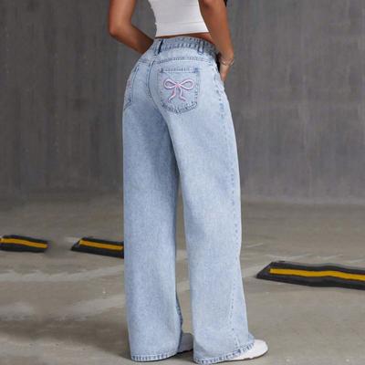 European and American Loose Light Blue Washed Wide Leg Bow Embroidered Jeans