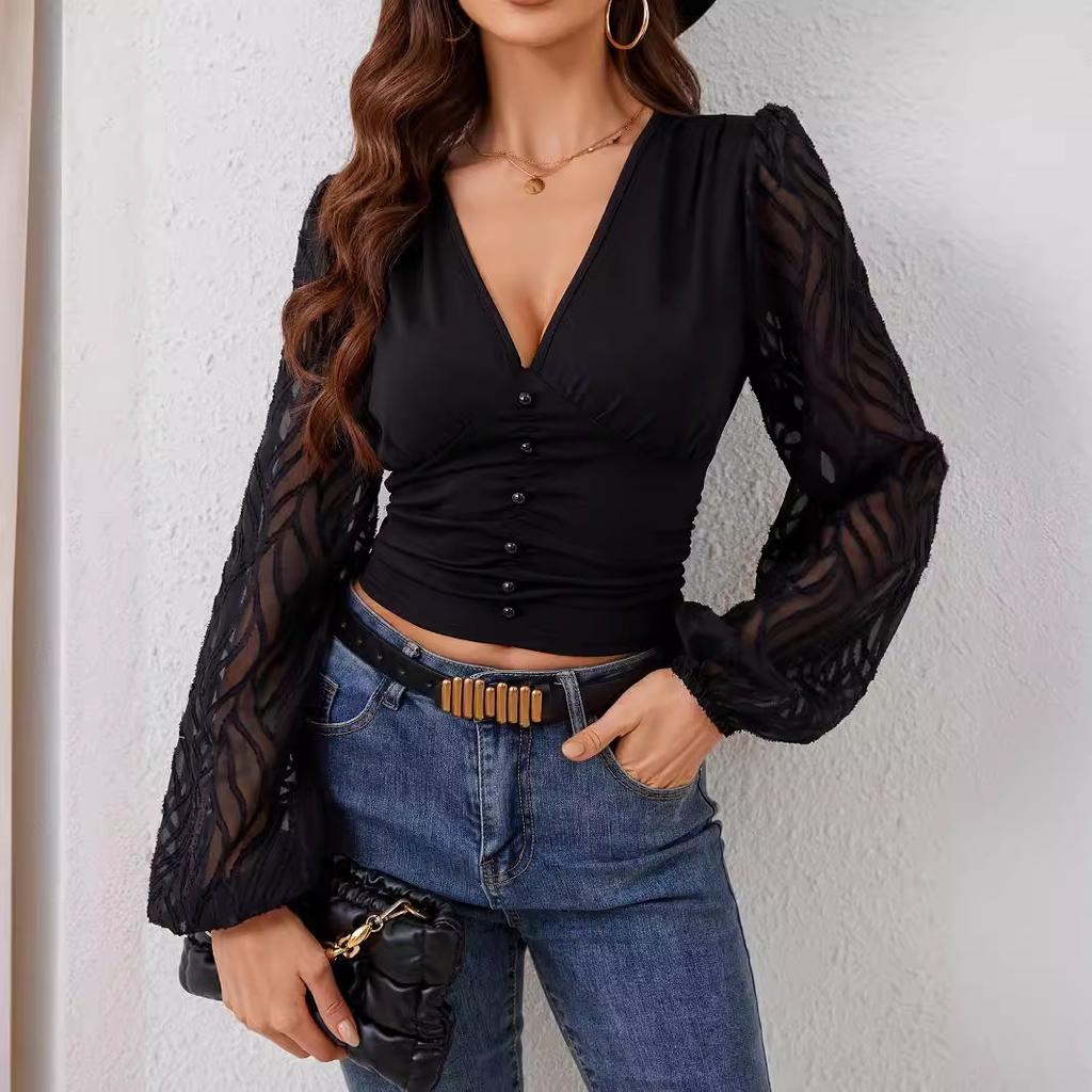 Chiffon Lantern Sleeve Splicing Pleated Waisted V-Neck Long Sleeve T-Shirt Slim Top Women Versatile Closet Essential Fashion Items Shirt