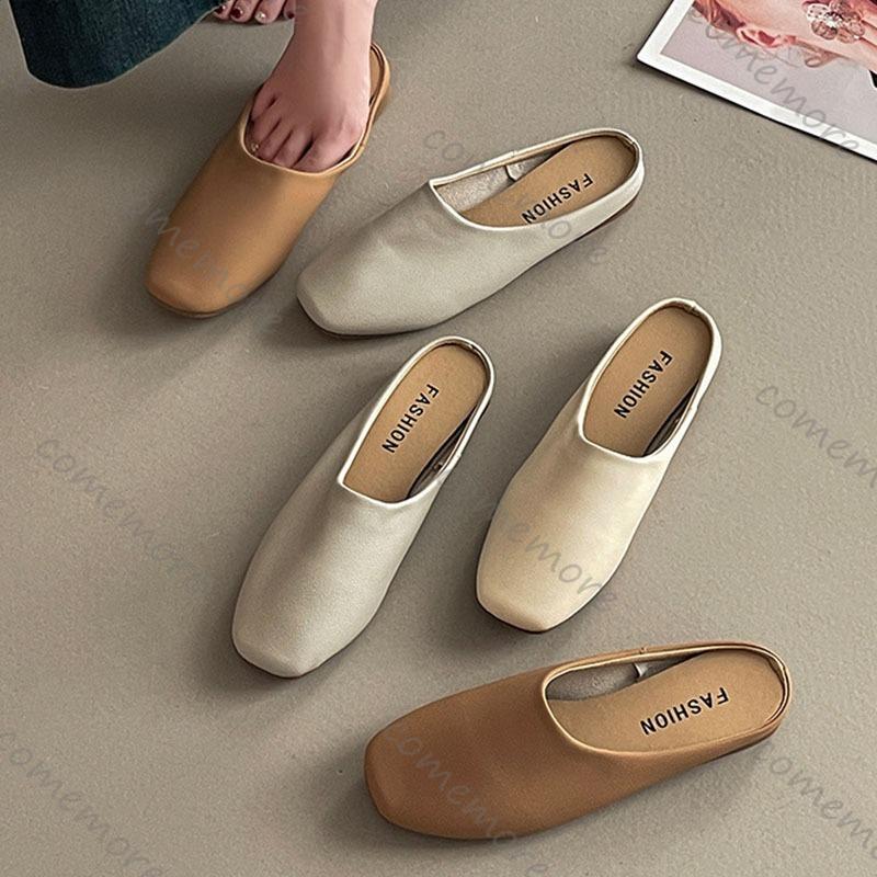 Fashion Comemore Retro Square Head Baotou Half Slippers Female Spring Summer Outside Wear Soft Leather Casual Solid Flat Mules Slides