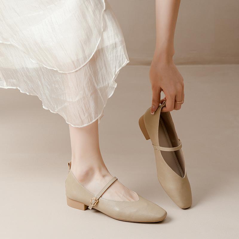 Kožené babičkovské boty na silném podpatku s páskem Mary Jane, francouzská čtvercová špička, dámské boty na středním podpatku, nové jarní a podzimní univerzální dámské boty