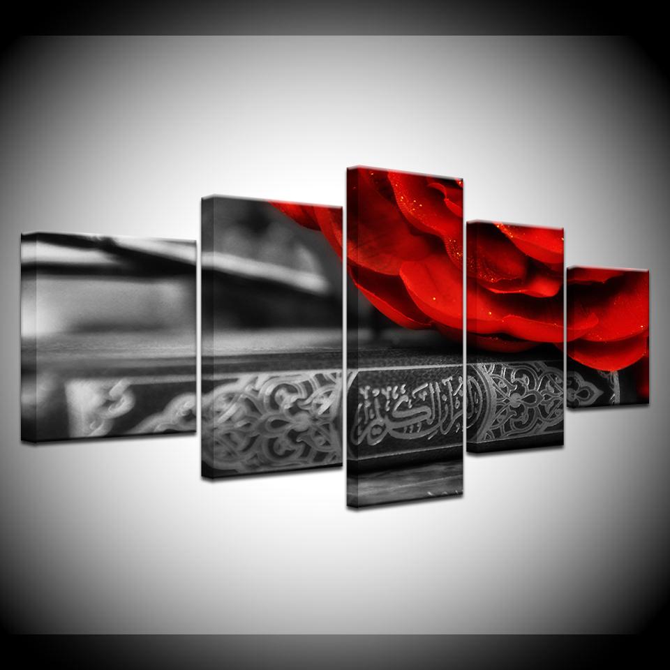 The red petals gray background 5 Piece Wallpapers Art Canvas Print modern Poster Modular art painting for Living Room Home Decor