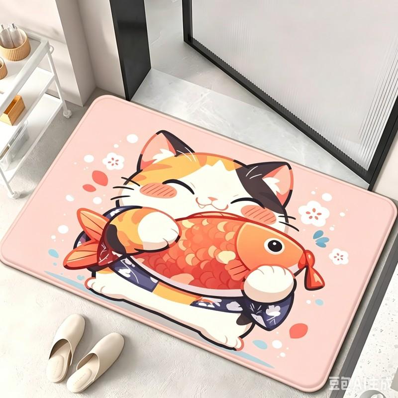 Cute Japanese Style Cat Door Mat Cartoon Lucky Kitty Holding Fish Welcome Doormat Non Slip Entrance Rug Washable Floor Carpets
