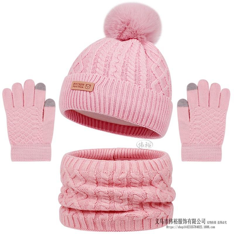 Kids Winter Warm Knitted Set Pom‑pom Hat Scarf Gloves 3‑Pcs Set Or Single Beanie Hat Windproof Ear Protection For Boys Girls Cold Weather Outdoor