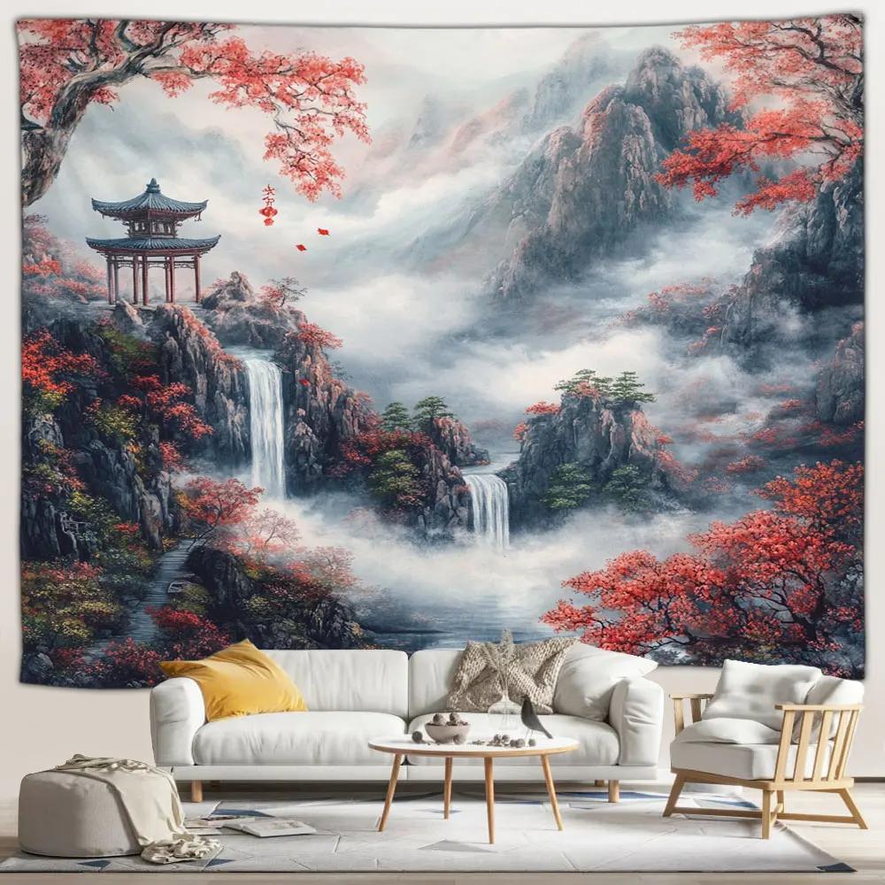 Japanese Scenery Tapestry Pink Cherry Blossom Flowers Misty Landscape Chinese Architecture Living Room Bedroom Decor Wall Hangin