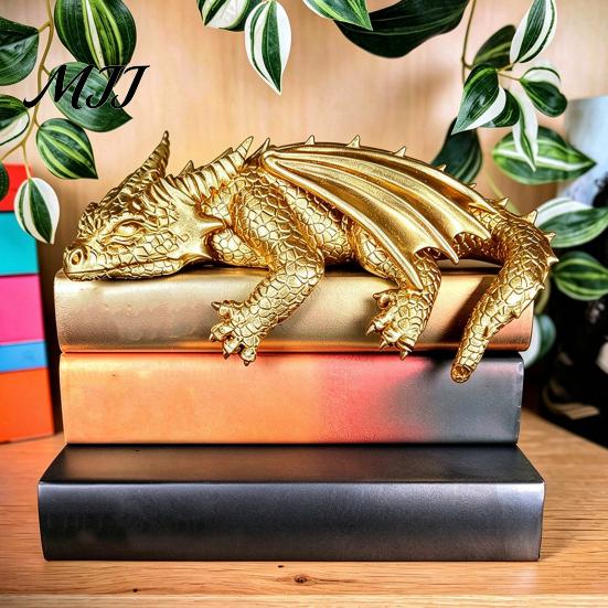 Reading Dragon Statue Sleeping Bookshelf Decor, Book Nook Figurine, Gothic Unique Gift for Fantasy Lovers Booksitter Ornament, Shelf Desk Bookend