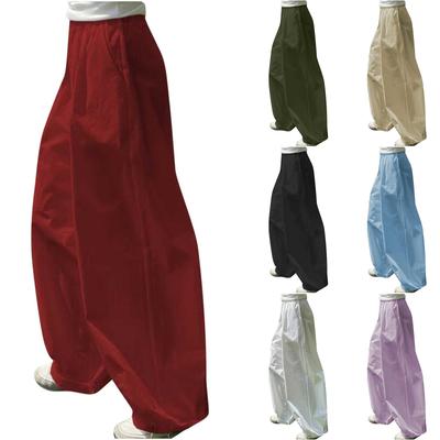 Women's Summer Baggy Pants Casual Solid Elastic Waist Wide Leg Loose Trousers With Pockets
